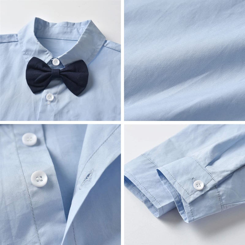 SANGTREE Baby Boys Dress Clothes, Toddlers Boys Long Sleeves Button Down Plaid Dress Shirt with Bowtie + Suspender Pants Set Wedding Outfit, Light Blue Blue, Tag 120 = 3-4 Years - Image 5